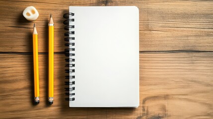 A blank spiral notebook with yellow pencils and an eraser on a wooden surface top down view shot