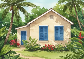 Tropical Watercolor Cottage: Sun-Drenched Serenity