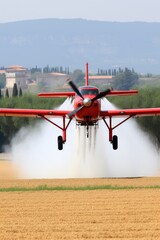 Crop Duster plane spraying crops. Spraying chemicals for accelerated crop growth. Dirty agribusiness.