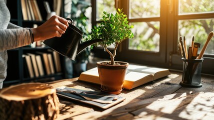 Close-up view of a human hand watering home plants. A moment frozen in time, this close-up embodies the nurturing power of a hand as it showers love and sustenance upon home plants.