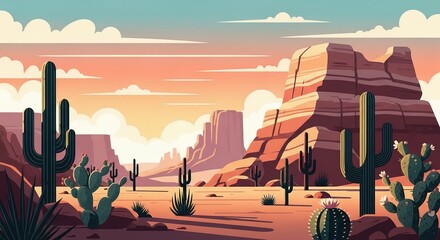 Stylized desert landscape with cacti and rocks high quality stock illustration