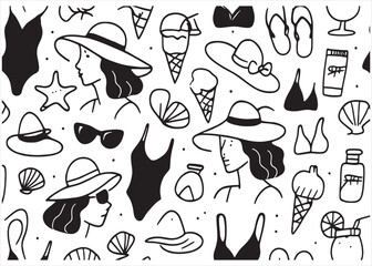 Cartoon drawing of a seamless food pattern with various icons and symbols, including fish, hats, and animals