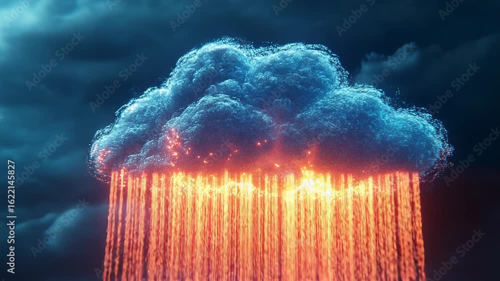 Poster digital cloud computing is raining data in the dark sky