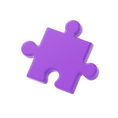3d illustration of single purple jigsaw puzzle piece isolated on transparent background, symbolizing connection, solution, and teamwork in problemsolving and strategy