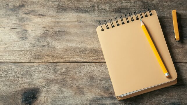 A tan notebook with a yellow pencil and highlighter on a rustic wooden surface from above view