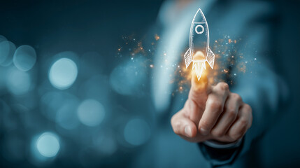 A businessman in a suit points his finger at the rocket spaceship icon taking off. The background is blurred, creating an atmosphere of growth and success for your business or project launch.