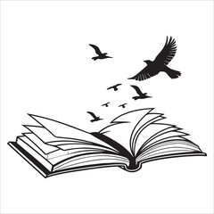 Vector illustration of an open book with feather, isolated on a white background, symbolizing education and literature