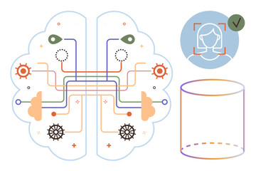 Brain diagram with interconnected pathways, gears, face recognition symbol, and data storage cylinder. Ideal for AI, machine learning, innovation, technology, neural networks data analysis