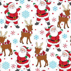 Seamless Pattern of Whimsical Santa Claus and Reindeer with Snowflakes in white Background- Christmas Vector Illustration