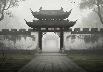 Misty Gate: Tranquil Asian Garden Pathway