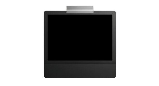 A modern computer monitor with a blank black screen and a webcam on top, isolated on transparent background