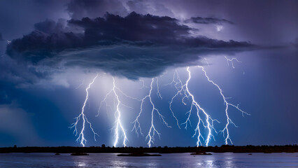 Lightning strike during a thunderstorm illuminates the night sky in a powerful display of nature’s forces.
