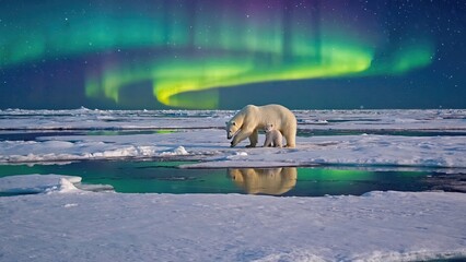 Polar bear, northern lights