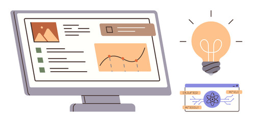 Desktop monitor showing charts, lists, and graphics glowing light bulb and innovation workflow diagram. Ideal for analytics, creativity, innovation, education, research, planning simple flat metaphor