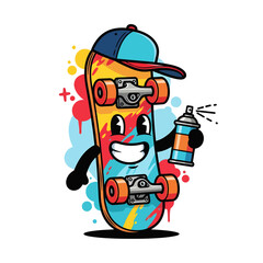 A vibrant cartoon skateboard mascot character with a baseball cap, joyfully spraying paint from a can. An illustration representing urban street art and graffiti culture.