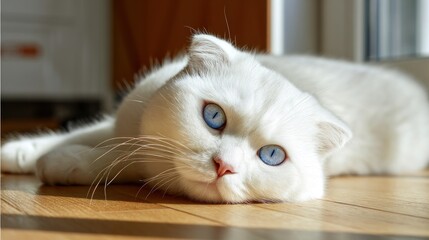 Fluffy white cat with captivating blue eyes