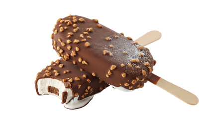 Two chocolatecovered ice cream bars with almonds, one bitten, isolated on a transparent background, a delicious frozen dessert