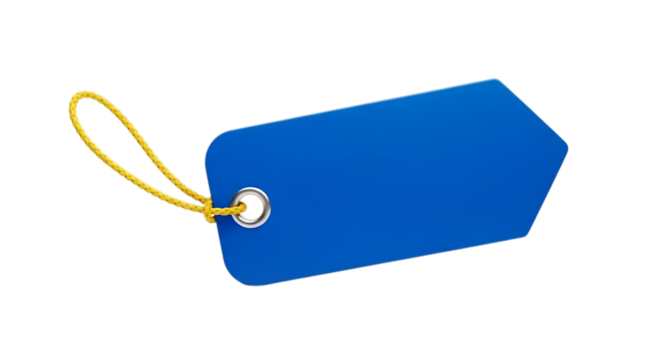 A blank blue tag with a yellow string, isolated on transparent background