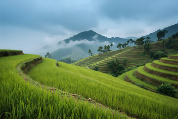 Layered rice terraces in vibrant green tones under a slightly overcast sky, with mist clinging to the mountain in the distance
