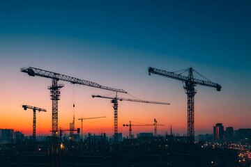 High-voltage power line with a black electric pylon against a sunset sky background. The sky has a blue and pink gradient with ample space for text, 