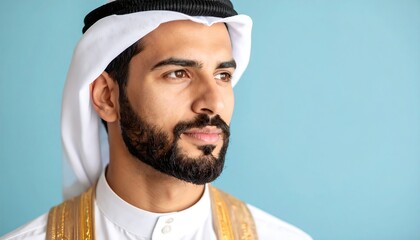 Close-up portrait of a man in traditional Middle Eastern attire, gazing thoughtfully to his right against a pale blue backdrop
