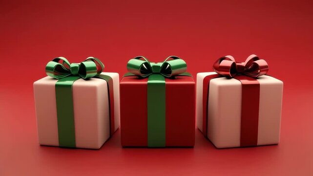 Festive holiday celebration with three neatly wrapped gift boxes featuring shiny red and green ribbons, elegant bows on red background creating joyful present atmosphere