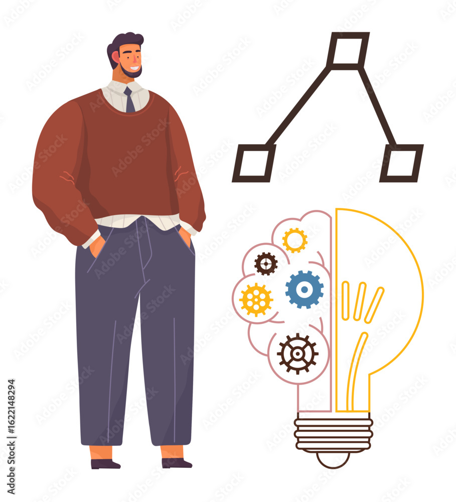 Poster man with hands in pockets standing near abstract lightbulb with cogwheels, symbolizing innovation. i