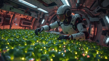 Robot tending to a lush green hydroponic garden inside a spaceship