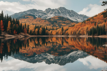 Still lake perfectly reflecting the surrounding forest and mountains during autumn