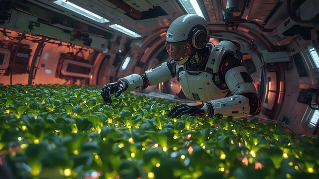 Robot tending to a lush green hydroponic garden inside a spaceship