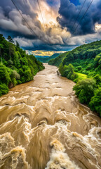 Raging Brown River Flowing Through Lush Green Forested Valley Under Dramatic Sky water