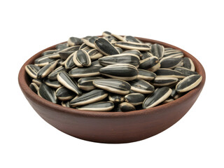 Roasted sunflower seeds in wooden bowl on transparent background 