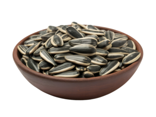 Roasted sunflower seeds in wooden bowl on transparent background 