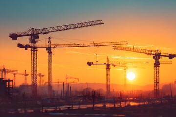 Silhouette of a construction site with cranes against a blue sky at sunset, high resolution, wide angle, depth of field, 