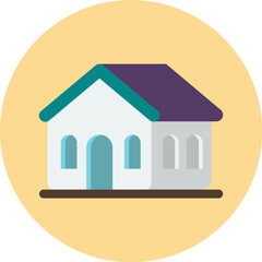 Simple illustration of a white house with a teal roof and purple roof, set against a yellow background.