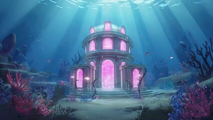 Pink-lit underwater temple