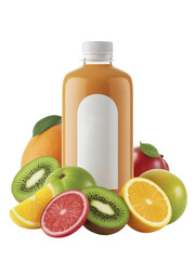 Mix fruit juice bottle with blank label for branding and fresh ingredients 