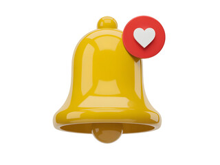 A 3d notification bell icon with heart emoji, glossy notification bell 