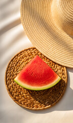 Slice of Watermelon on Woven Mat Under Straw Hat and Palm Shadows fruit summer