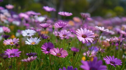 Obraz premium Vibrant flower field with various shades of purple and white daisies