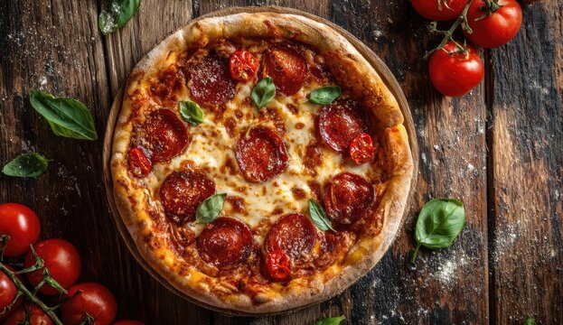 Pepperoni pizza on rustic wooden table (1)
