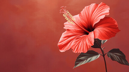 Vibrant Red Hibiscus Flower on Artistic Background. A vivid red hibiscus flower with bold black leaves is illustrated against a striking two-tone background blending warm shades of yellow and red. 