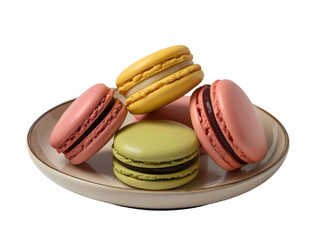 Colorful macarons in plate on transparent background 