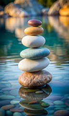 Stacked Zen Stones Balanced Precariously in Calm Water with Reflections rocks