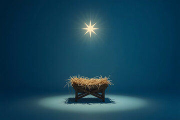 A dramatic nativity scene at night with an empty wooden manger in the center, softly lit by a single bright star shining