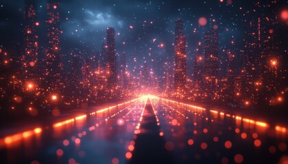 Obraz premium Futuristic Cityscape with Neon Lights and Digital Data Flow