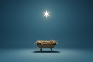 A dramatic nativity scene at night with an empty wooden manger in the center, softly lit by a single bright star shining