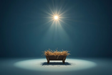 A dramatic nativity scene at night with an empty wooden manger in the center, softly lit by a single bright star shining