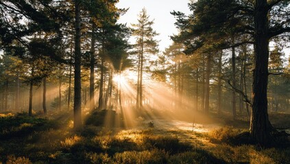 Sunlight streams through a misty forest