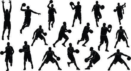 Basketball player silhouette vector set, action poses dribbling, shooting, dunking, isolated sports figures, black athletes playing basketball game.